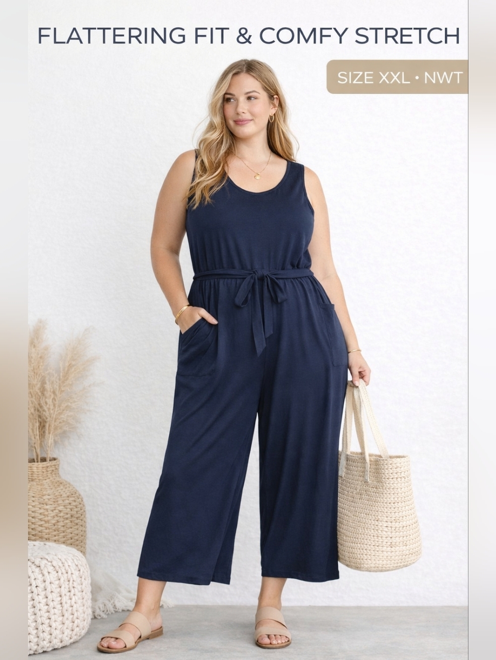Stylus Navy Jumpsuit Wide Leg Belted Pockets XXL Plus NWT